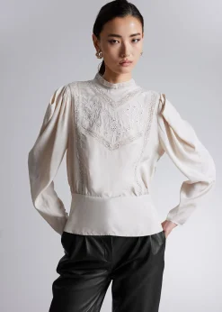 Brodert Bluse Med Puffermer